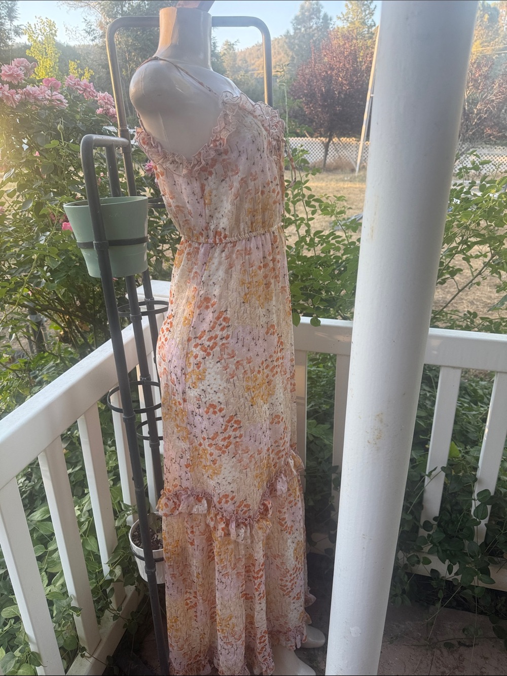 Women’s Floral Ruffle Maxi Dress in Blush Pink and Yellow XS